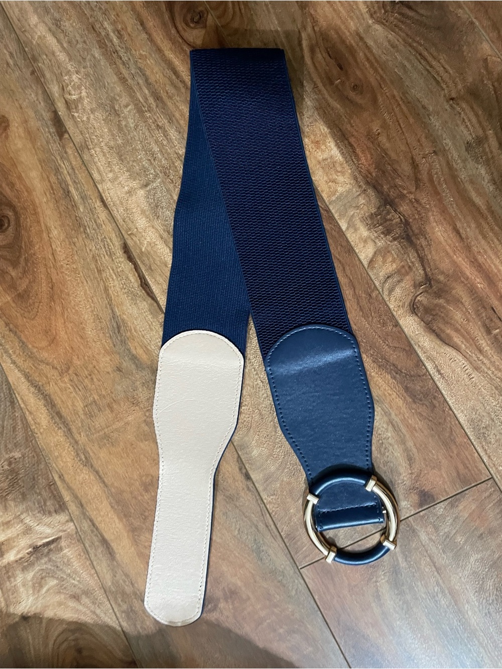 Navy Wide Stretch Belt with Gold Ring Accent